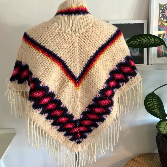 Vintage 1960s Mexican Fringed Wool Poncho, Cream, Multi-coloured - Picture 5 of 9